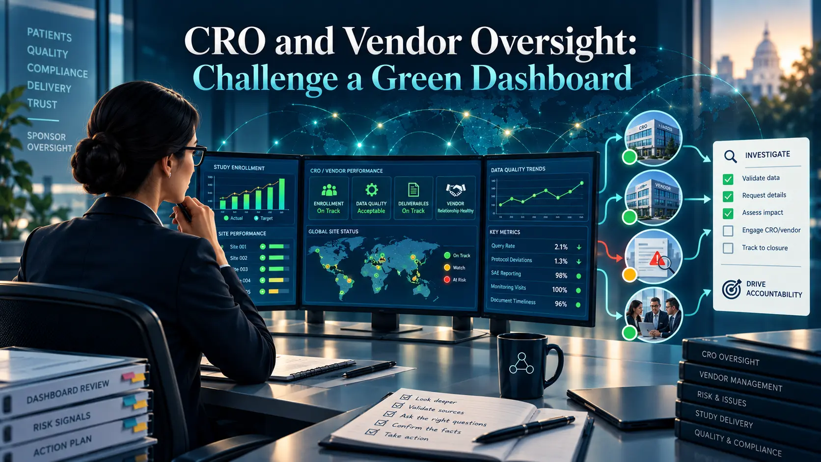 CRO and vendor oversight artwork: an all-green vendor performance dashboard being questioned, with site status maps and an investigation checklist, in BORAKA navy and teal.