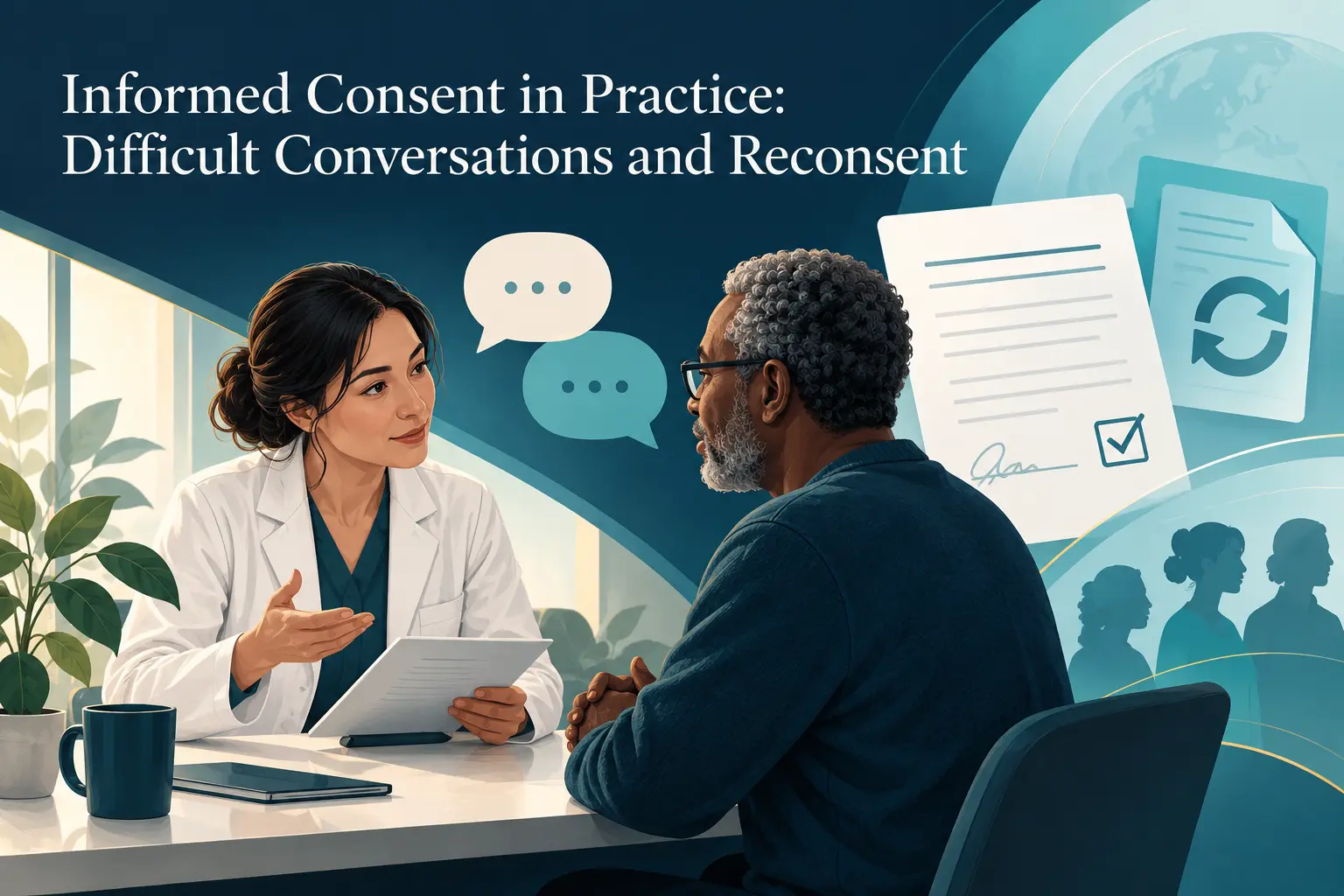 Illustration of a study coordinator and a participant in conversation beside a signed consent form and a reconsent symbol