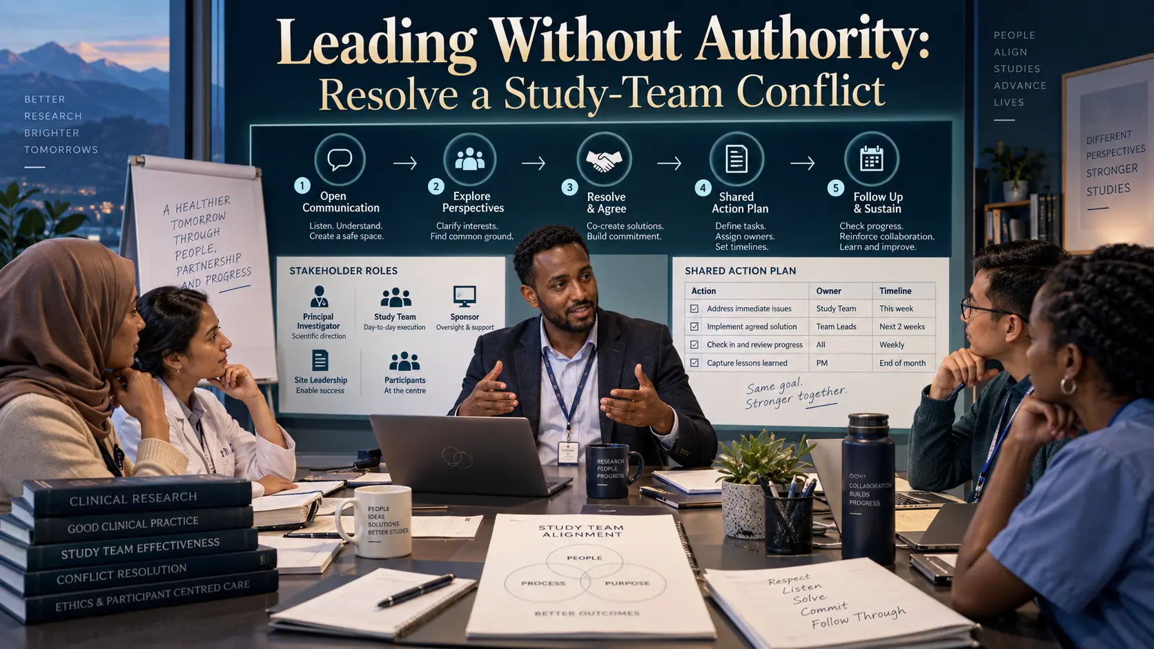 Illustration of two team boxes converging on a shared agreement node with a conversation panel