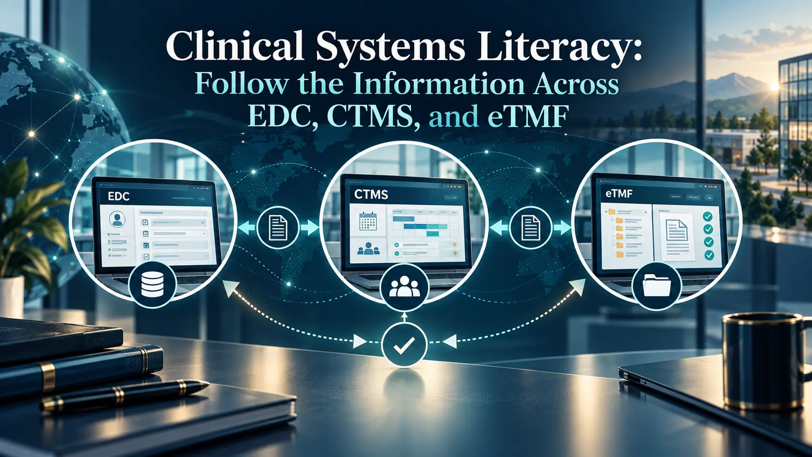 Clinical systems literacy artwork: EDC, CTMS and eTMF screens connected by document and data flows, in BORAKA navy and teal.