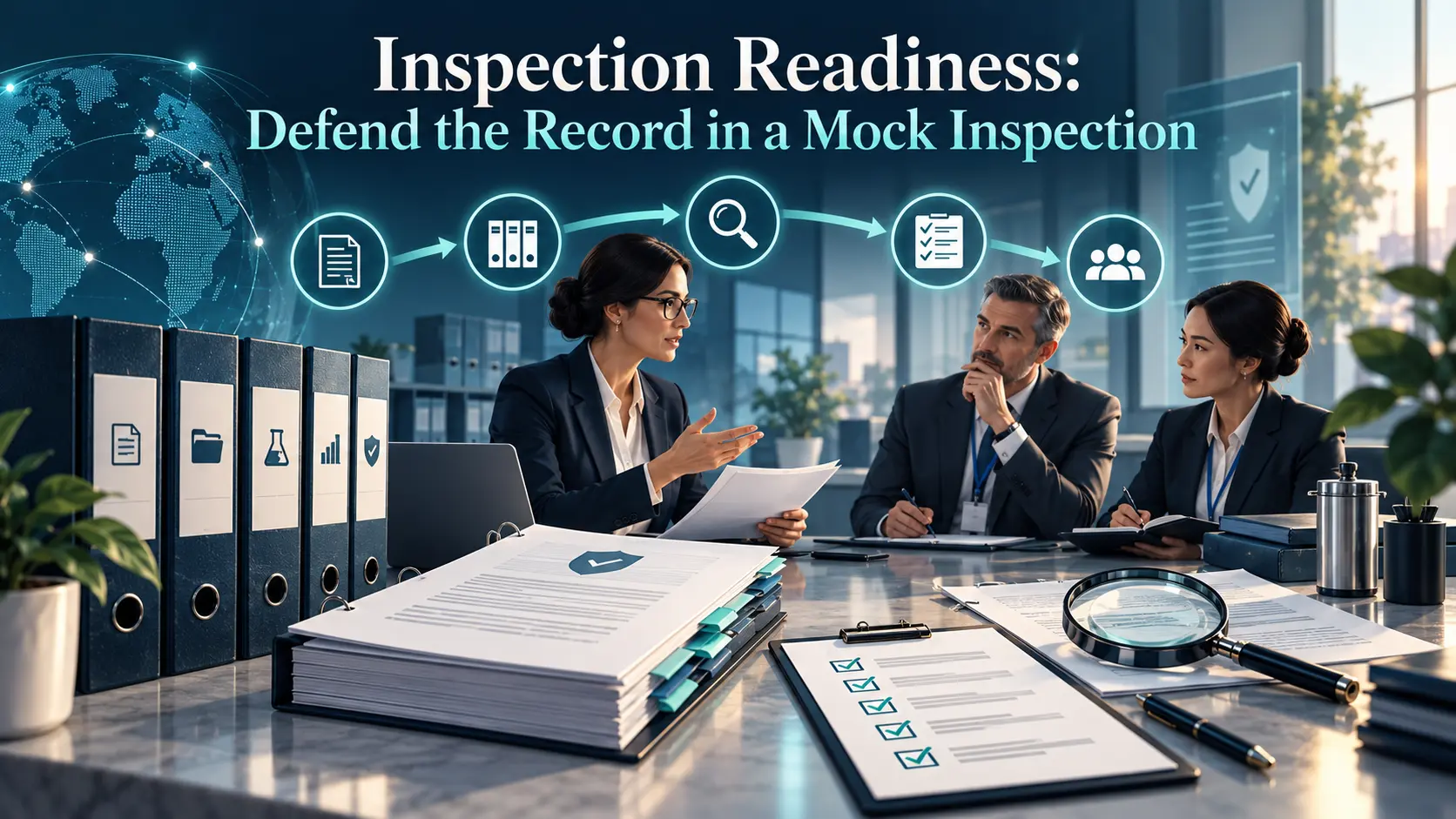 Inspection readiness artwork: a mock inspection meeting with trial master file binders, checklists and a magnifier over the record, in BORAKA navy and teal.