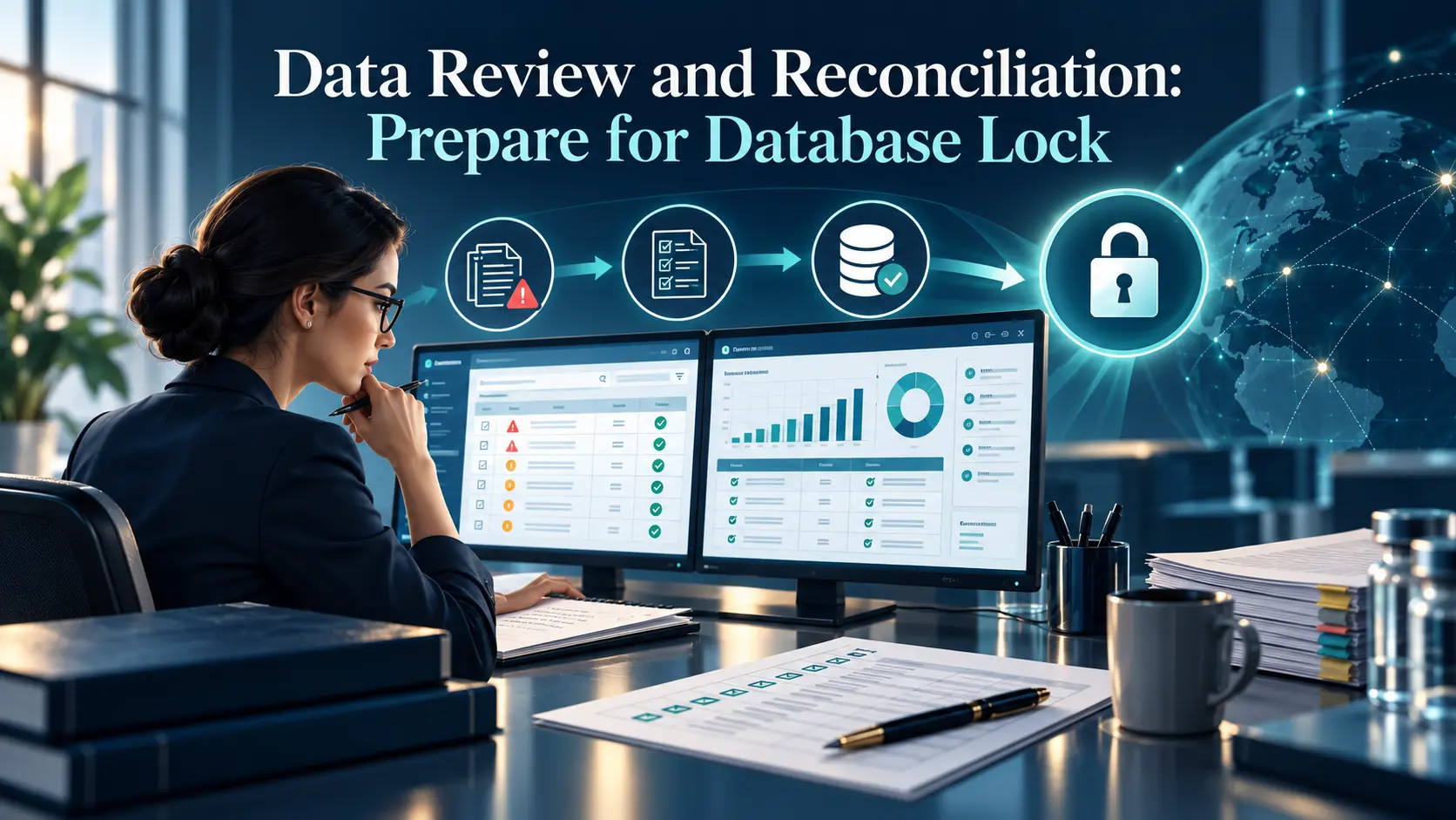 Data review and reconciliation artwork: listings and charts on dual monitors moving from flagged discrepancies to a locked database, in BORAKA navy and teal.