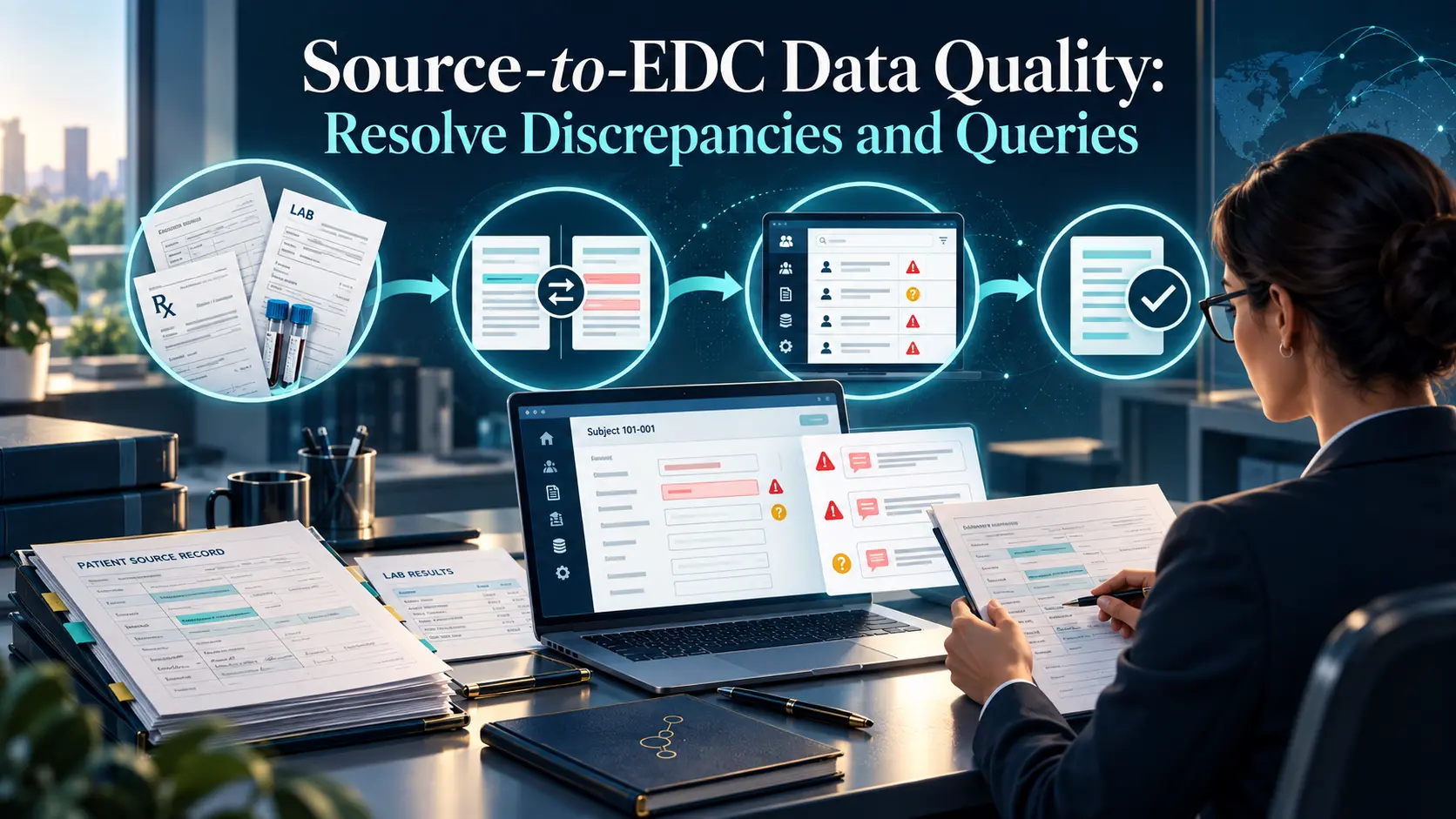 Source-to-EDC data quality artwork: source documents and lab results reconciled against an EDC screen with queries and discrepancy flags, in BORAKA navy and teal.
