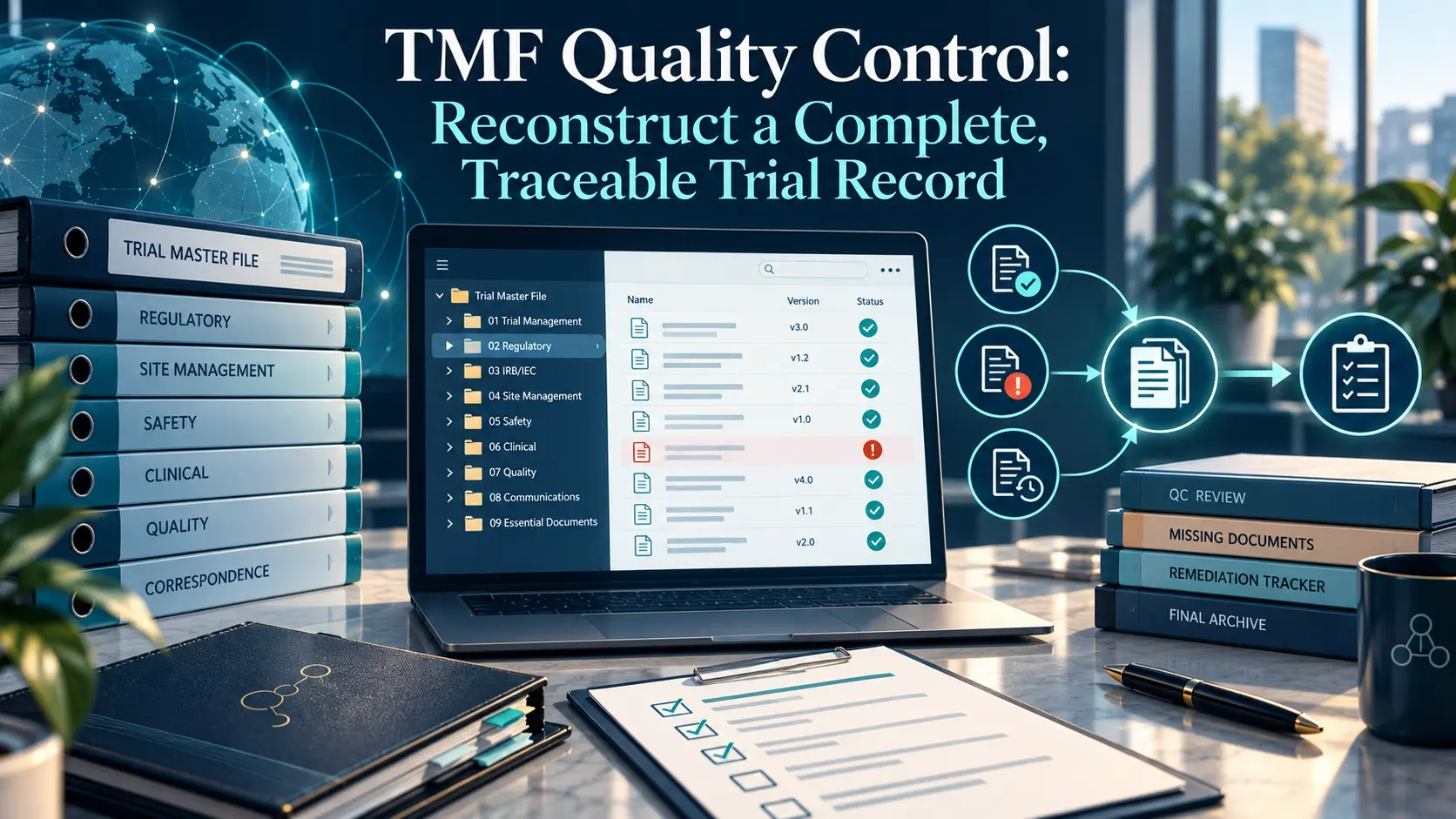 TMF quality control artwork: trial master file binders beside a laptop eTMF index with version status checks and a remediation tracker, in BORAKA navy and teal.