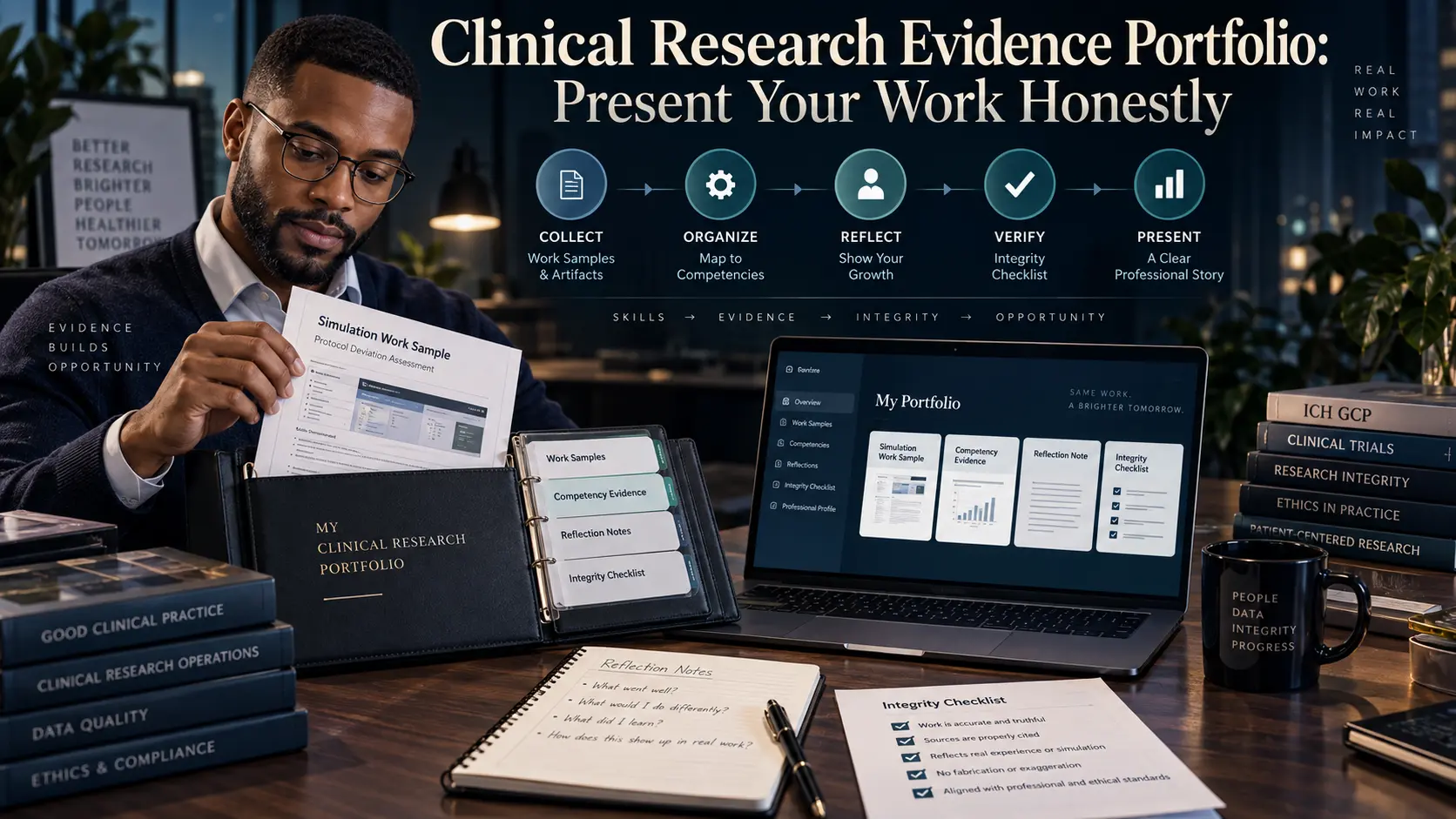 Illustration of three work product documents arranged as a portfolio set
