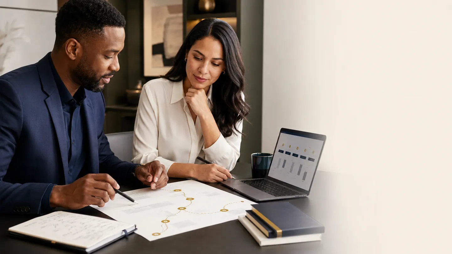 A career coach and a clinical research professional reviewing a printed career journey map together