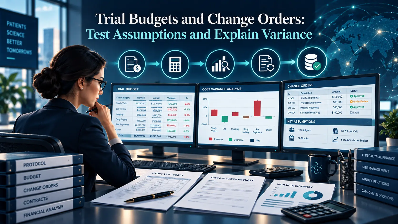 Trial budget artwork: planned versus actual cost tables, a variance chart and a change order status list, in BORAKA navy and teal.