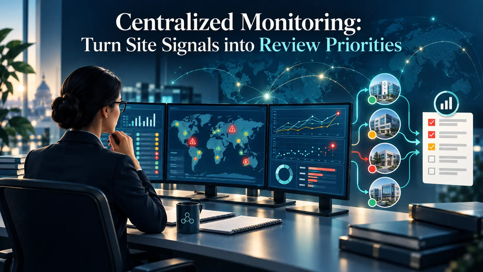 Centralized monitoring artwork: a reviewer reading site signal dashboards and a world map to set review priorities, in BORAKA navy and teal.