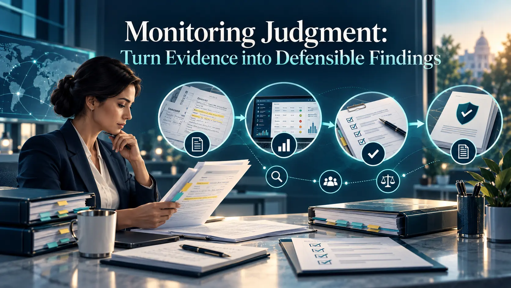 Monitoring judgment artwork: a reviewer turning source notes and data listings into defensible findings, in BORAKA navy and teal.
