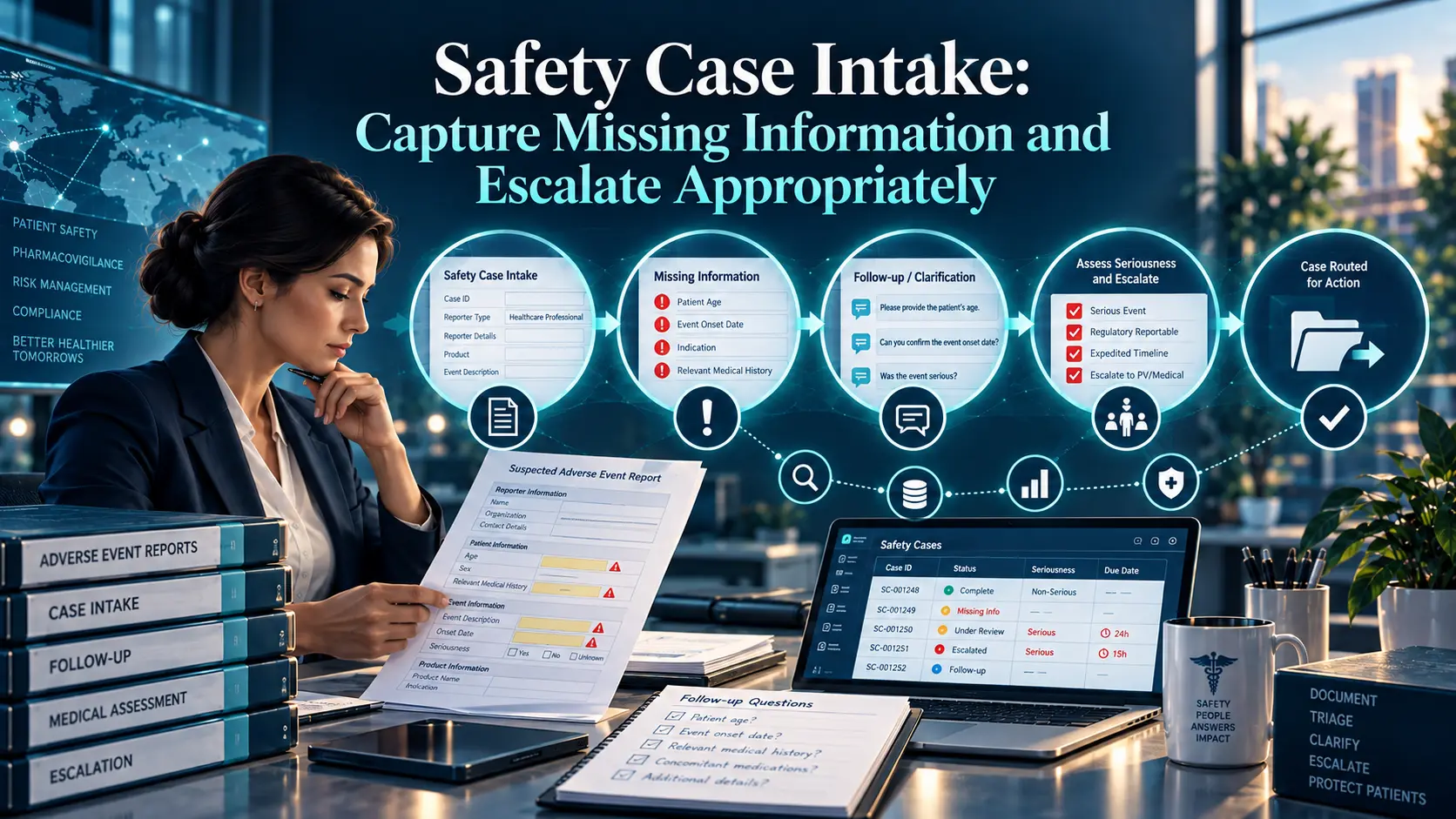 Safety case intake artwork: an incomplete adverse event report with flagged missing fields, follow-up questions and an escalation workflow, in BORAKA navy and teal.