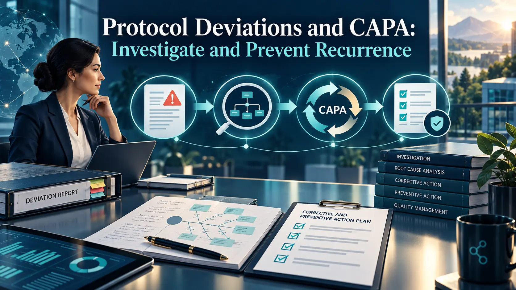 Protocol deviations and CAPA artwork: a deviation report, root cause diagram and corrective and preventive action plan, in BORAKA navy and teal.