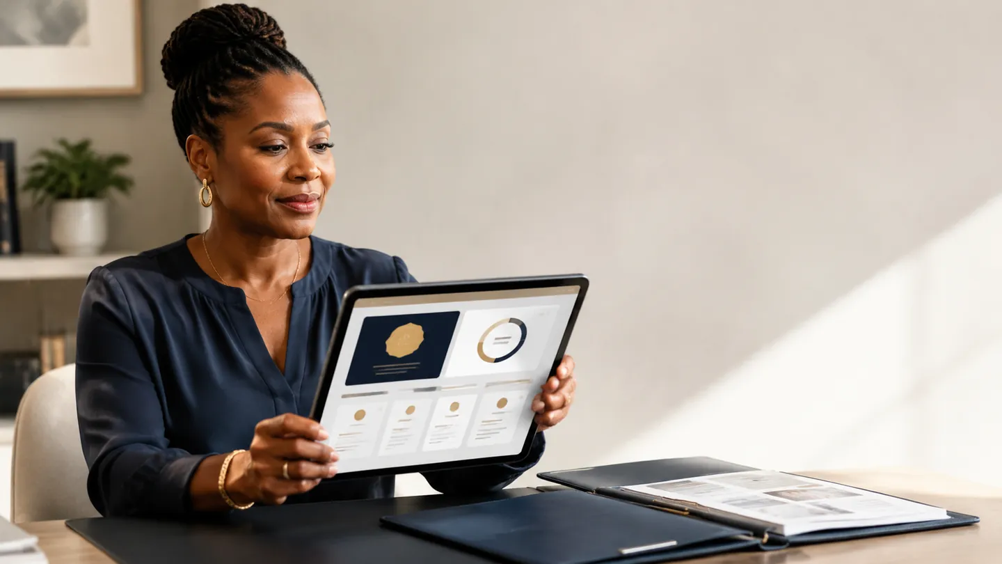 A clinical research professional holding a tablet that shows her reviewed competency record