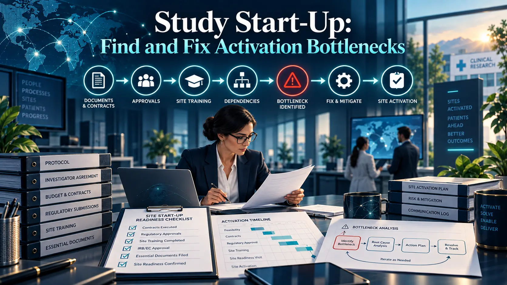 Study start-up artwork: an activation workflow with a flagged bottleneck, readiness checklist, activation timeline and root cause analysis, in BORAKA navy and teal.