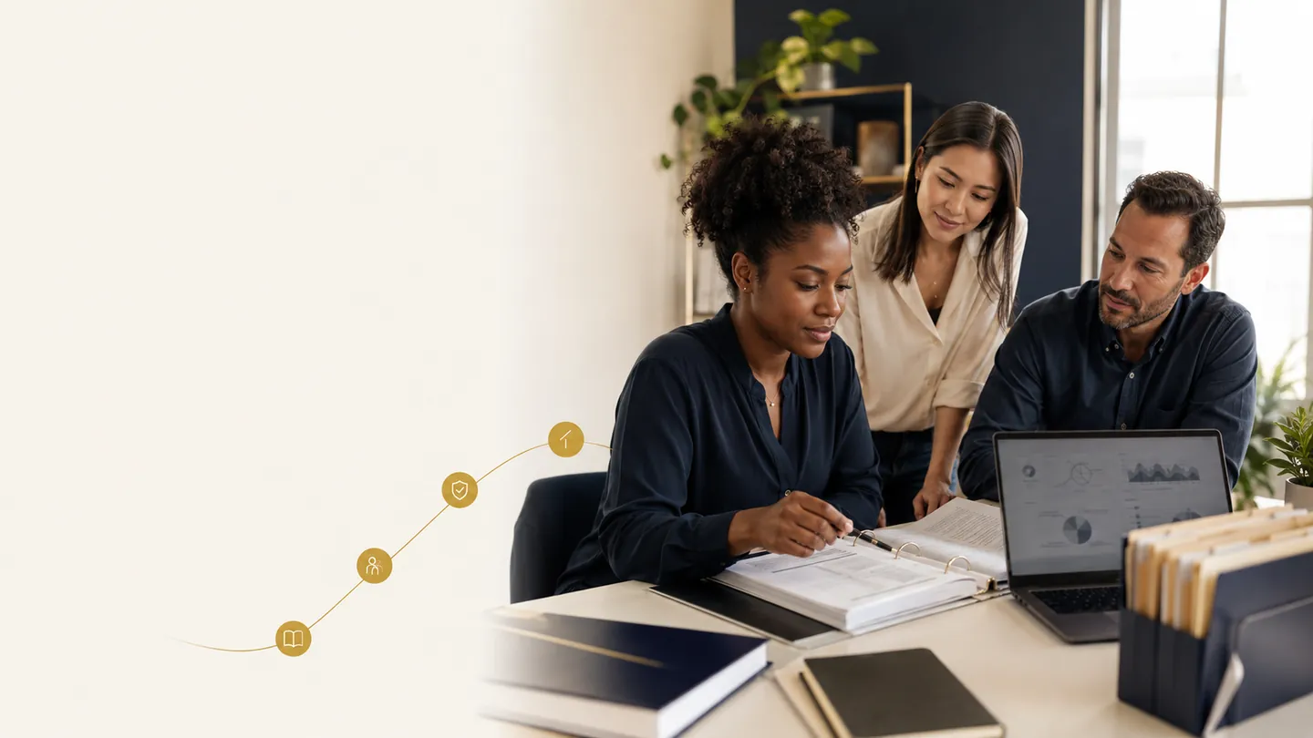 Three colleagues studying together at a table, with learning path stages illustrated beside them