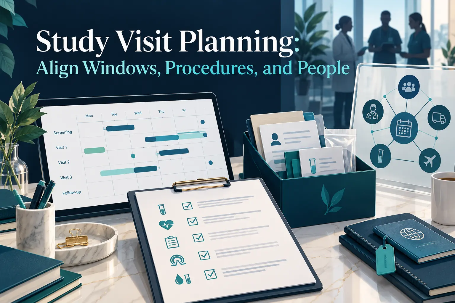 Illustration of a visit schedule on a tablet beside a procedure checklist, sample kits and a staffing diagram