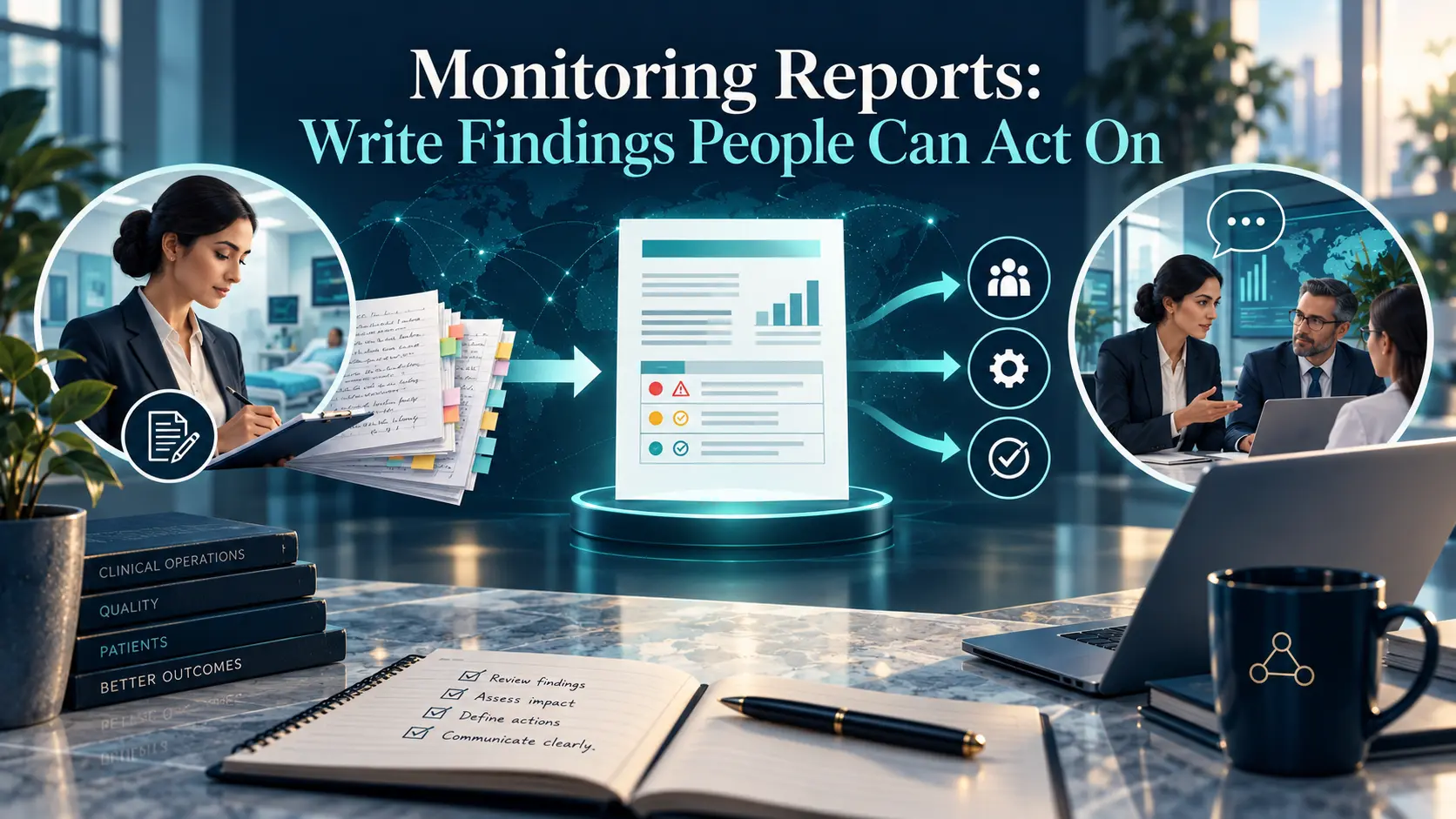 Monitoring reports artwork: a findings report moving from site notes to clear actions for a study team, in BORAKA navy and teal.