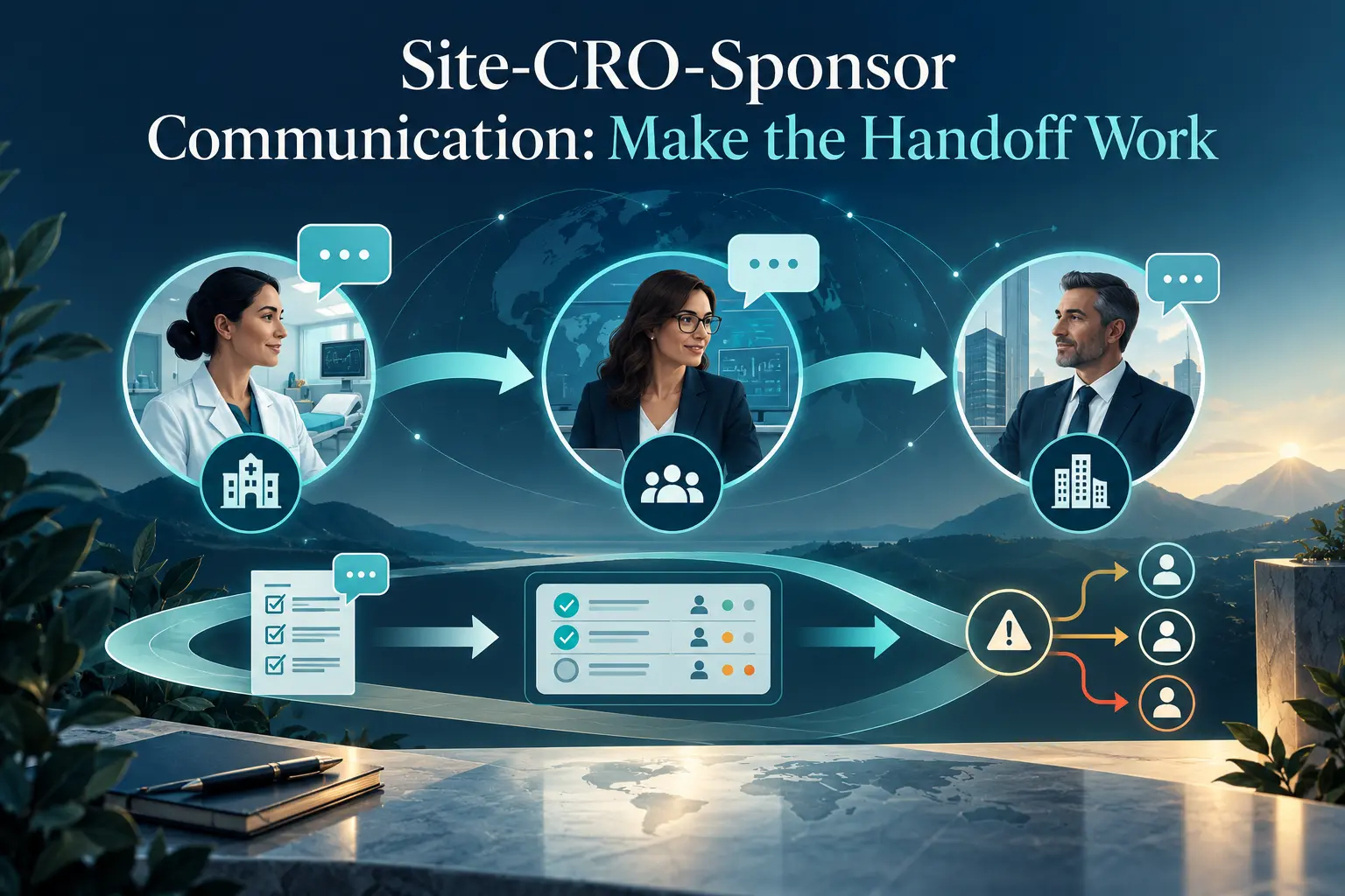 Illustration of site, CRO and sponsor linked by arrows and message bubbles above an action tracker and escalation routes