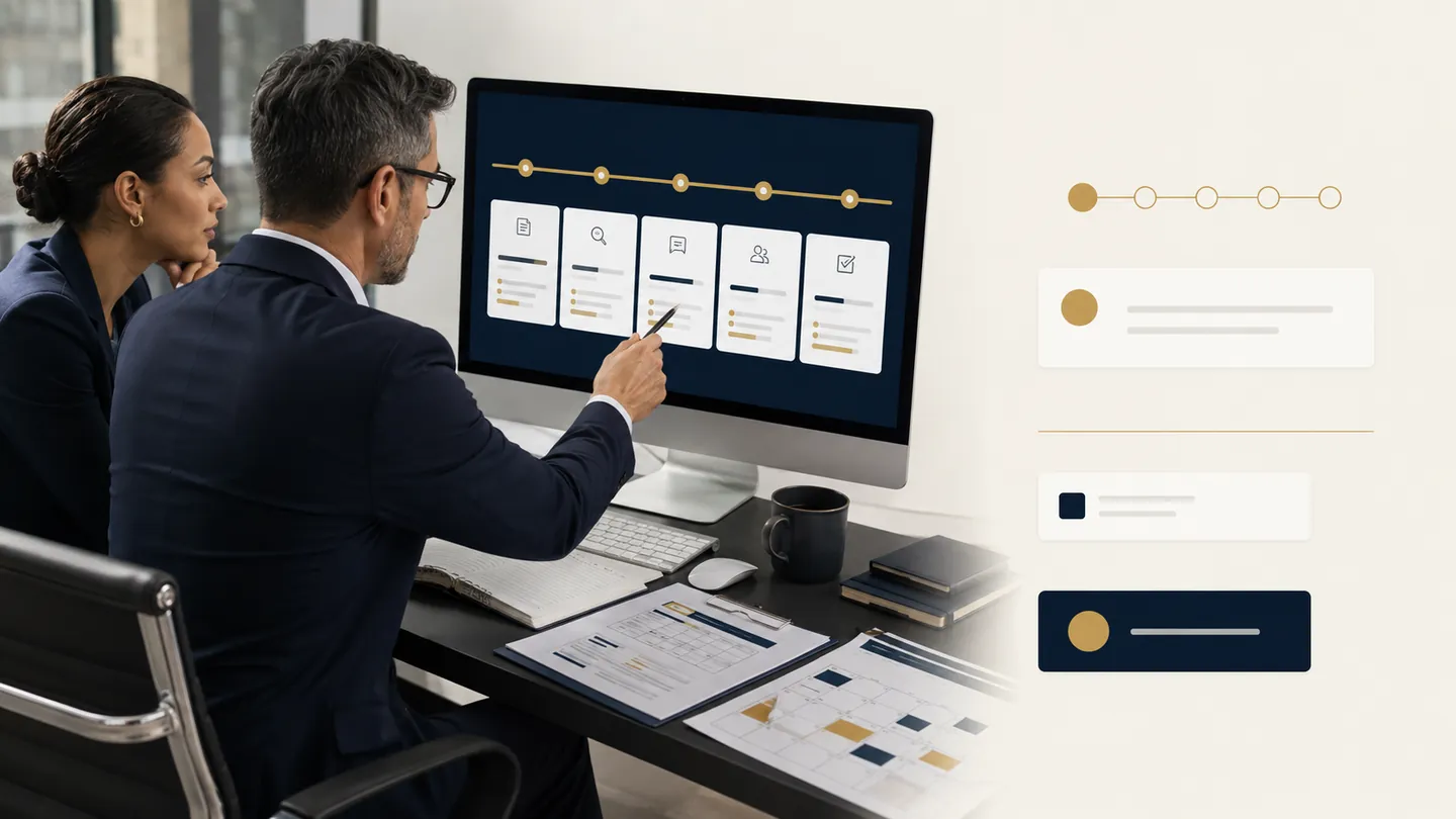 Two colleagues reviewing staged assessment results on a large monitor at a desk