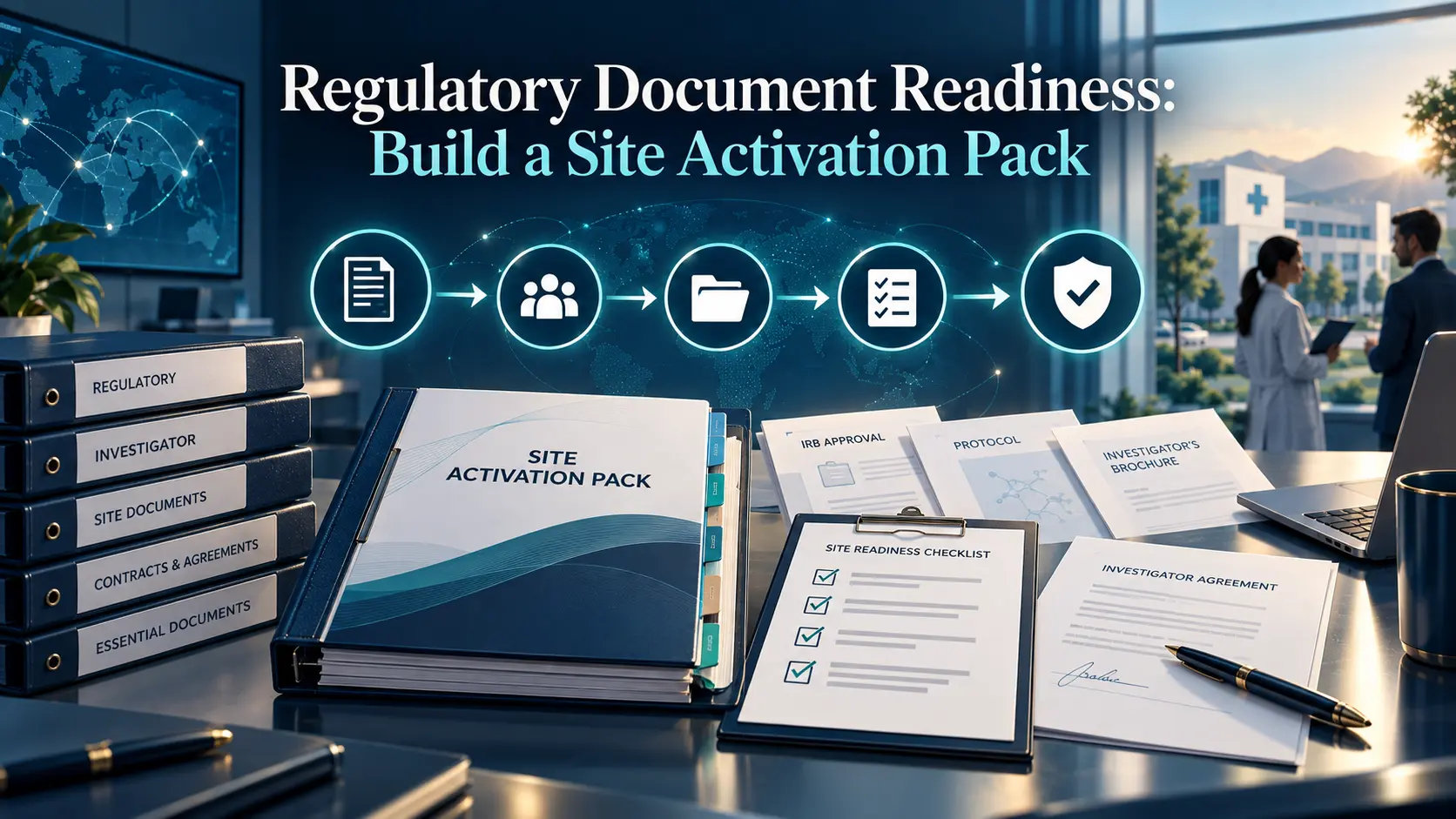 Regulatory document readiness artwork: a site activation pack binder with IRB approval, protocol, investigator brochure and readiness checklist, in BORAKA navy and teal.
