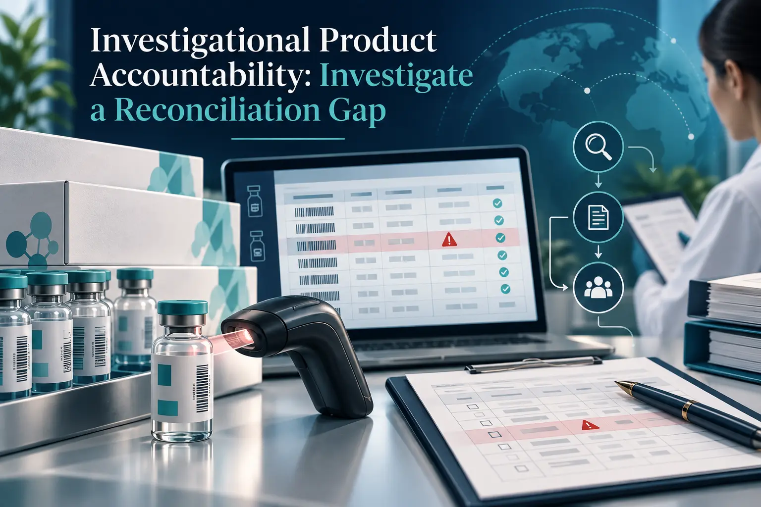 Illustration of labelled study vials and a barcode scanner beside an accountability table with one flagged row