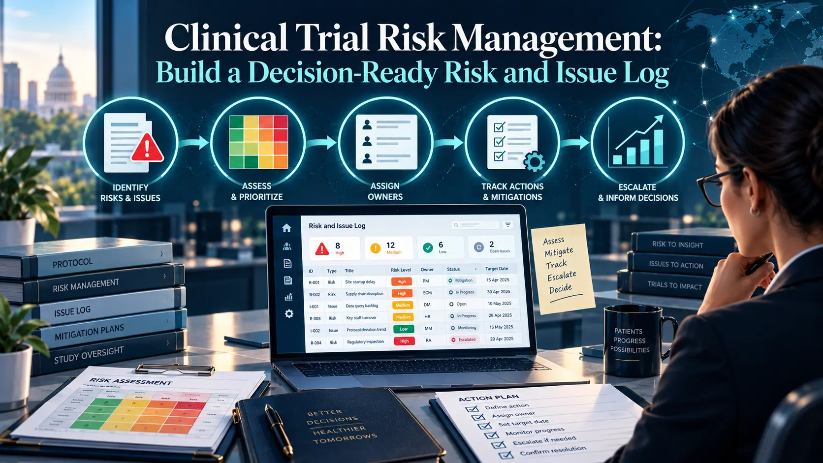 Risk and issue log artwork: a risk register on screen with severity ratings, owners and target dates beside a risk assessment matrix, in BORAKA navy and teal.