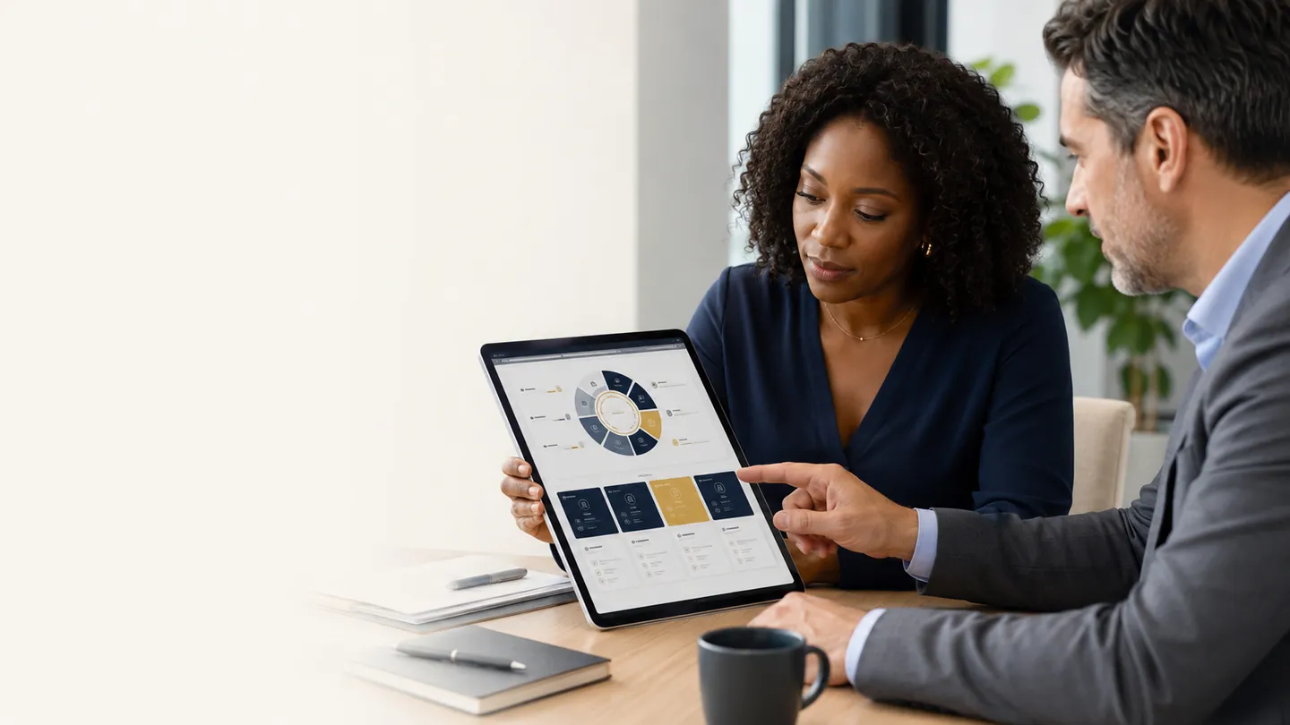 A career coach and a candidate reviewing a job-search pipeline together on a tablet
