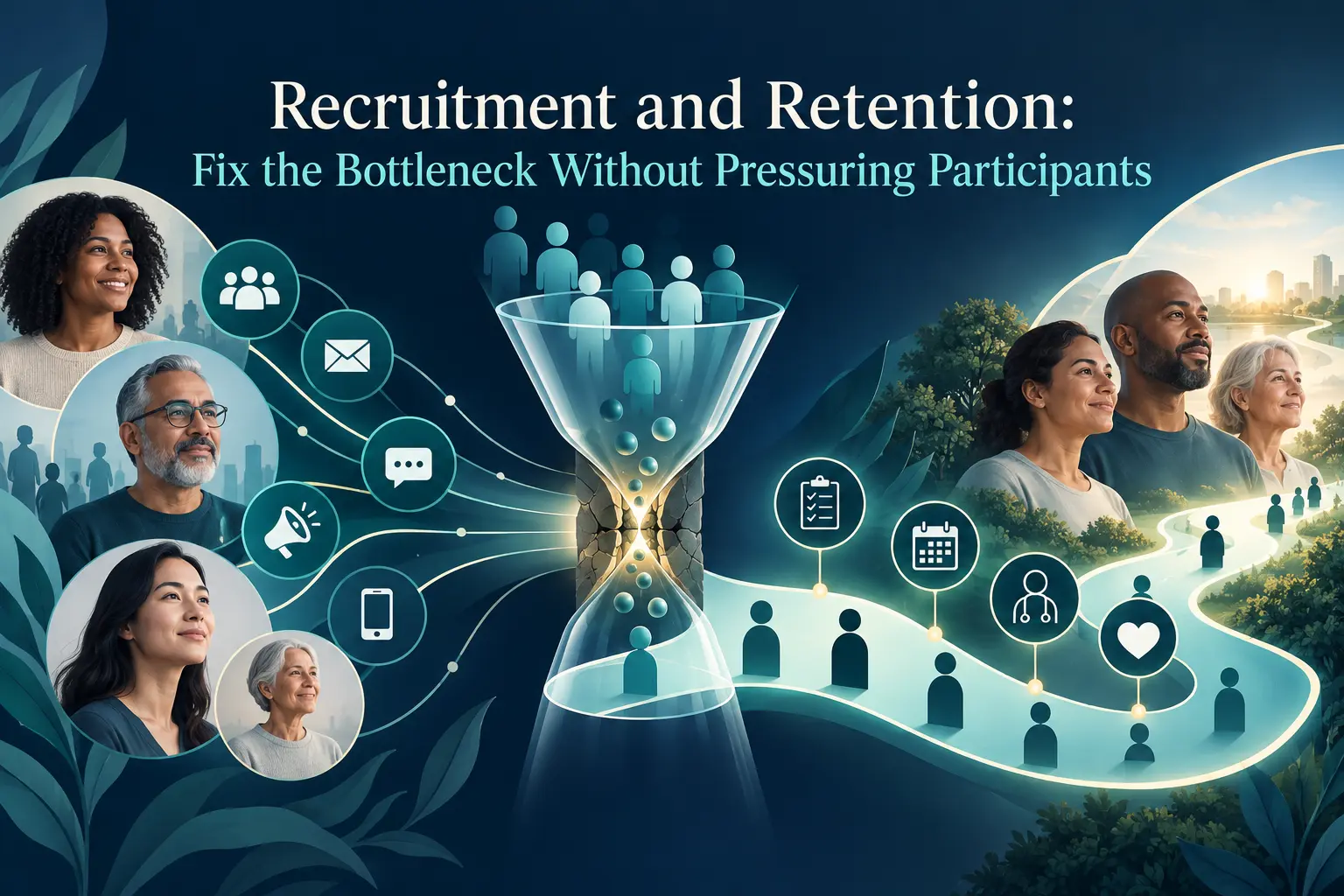 Illustration of a recruitment funnel narrowing at a bottleneck, with outreach icons on one side and a retention pathway on the other