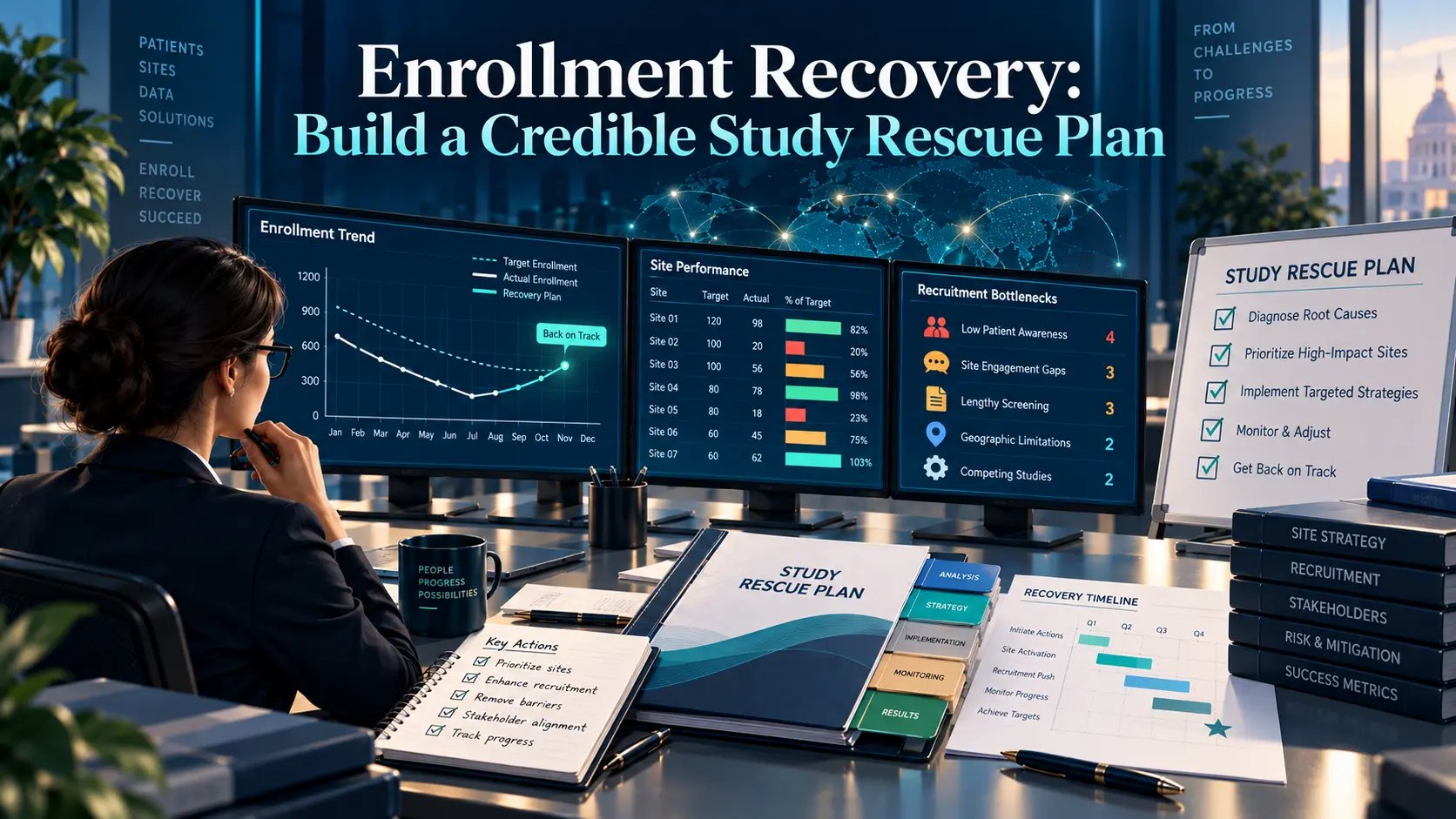 Enrollment recovery artwork: enrollment trend and site performance screens beside a study rescue plan and recovery timeline, in BORAKA navy and teal.