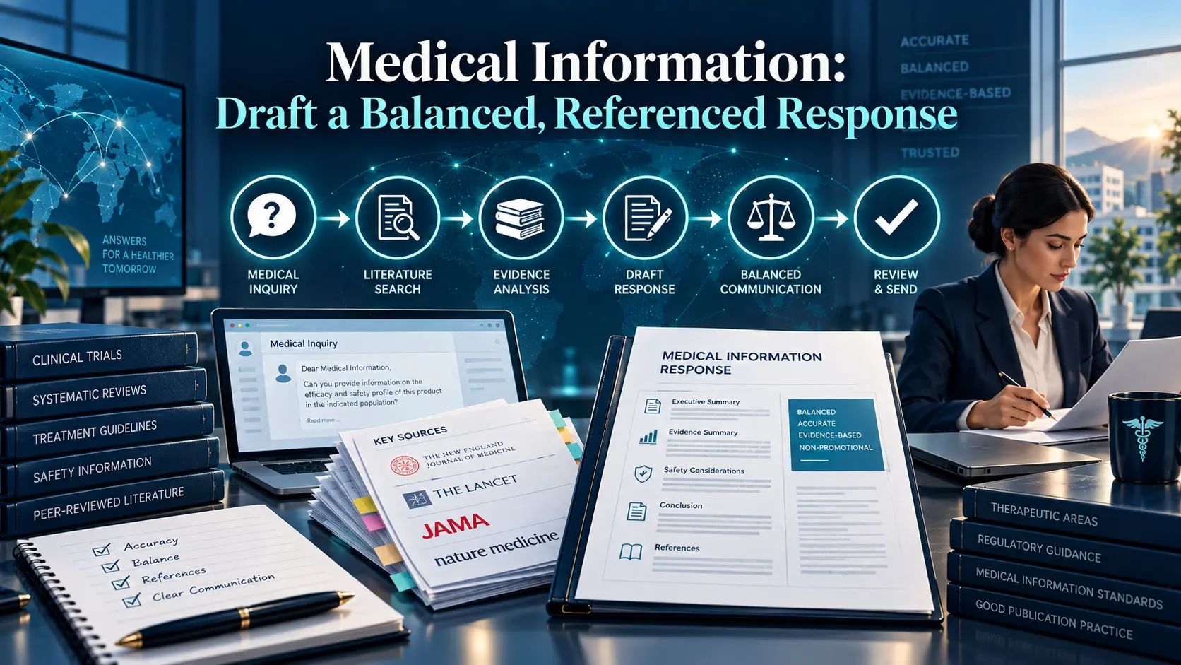 Medical information artwork: an inquiry-to-response workflow with literature sources and a referenced, non-promotional response document, in BORAKA navy and teal.