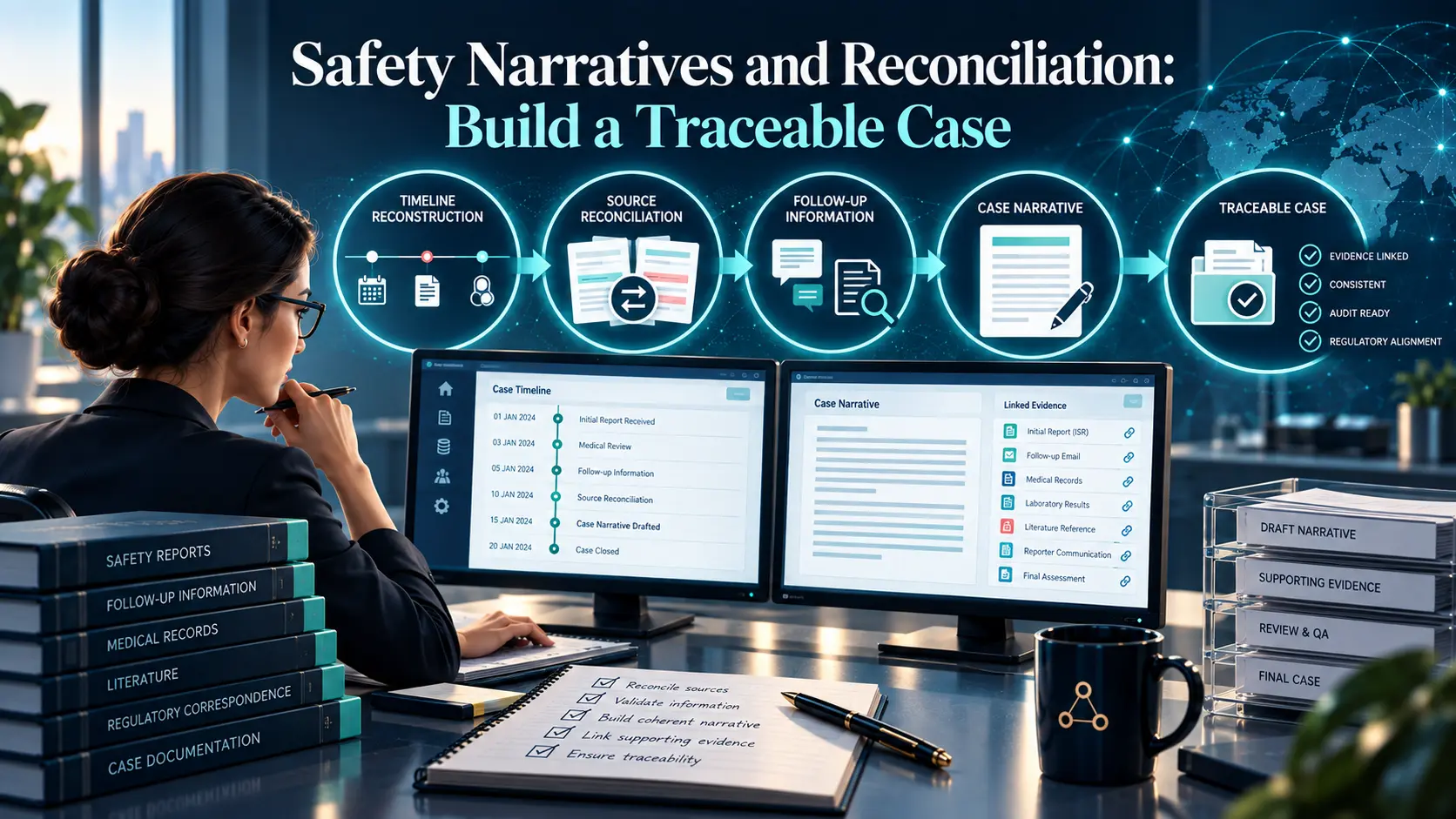 Safety narrative artwork: a case timeline beside a narrative draft with linked source evidence and reconciliation checks, in BORAKA navy and teal.