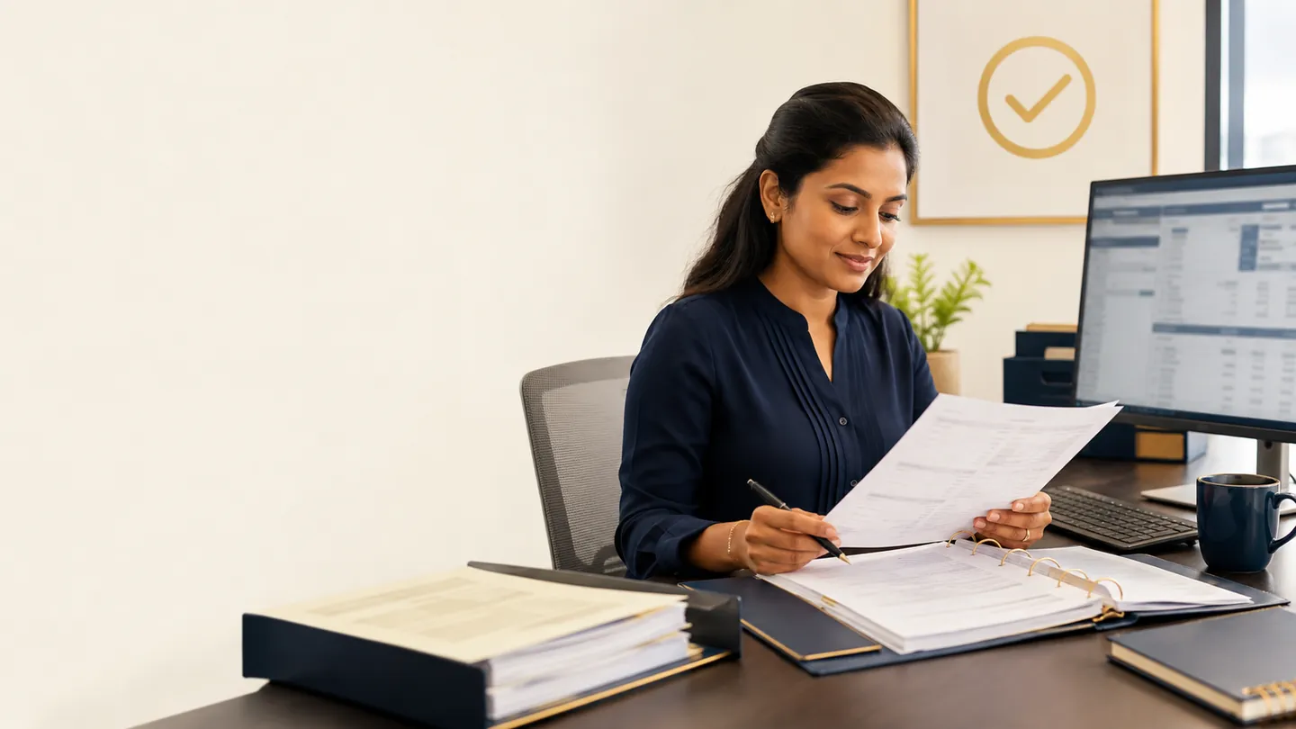 A clinical research professional reviewing assessment documents, with the completed work marked with a check