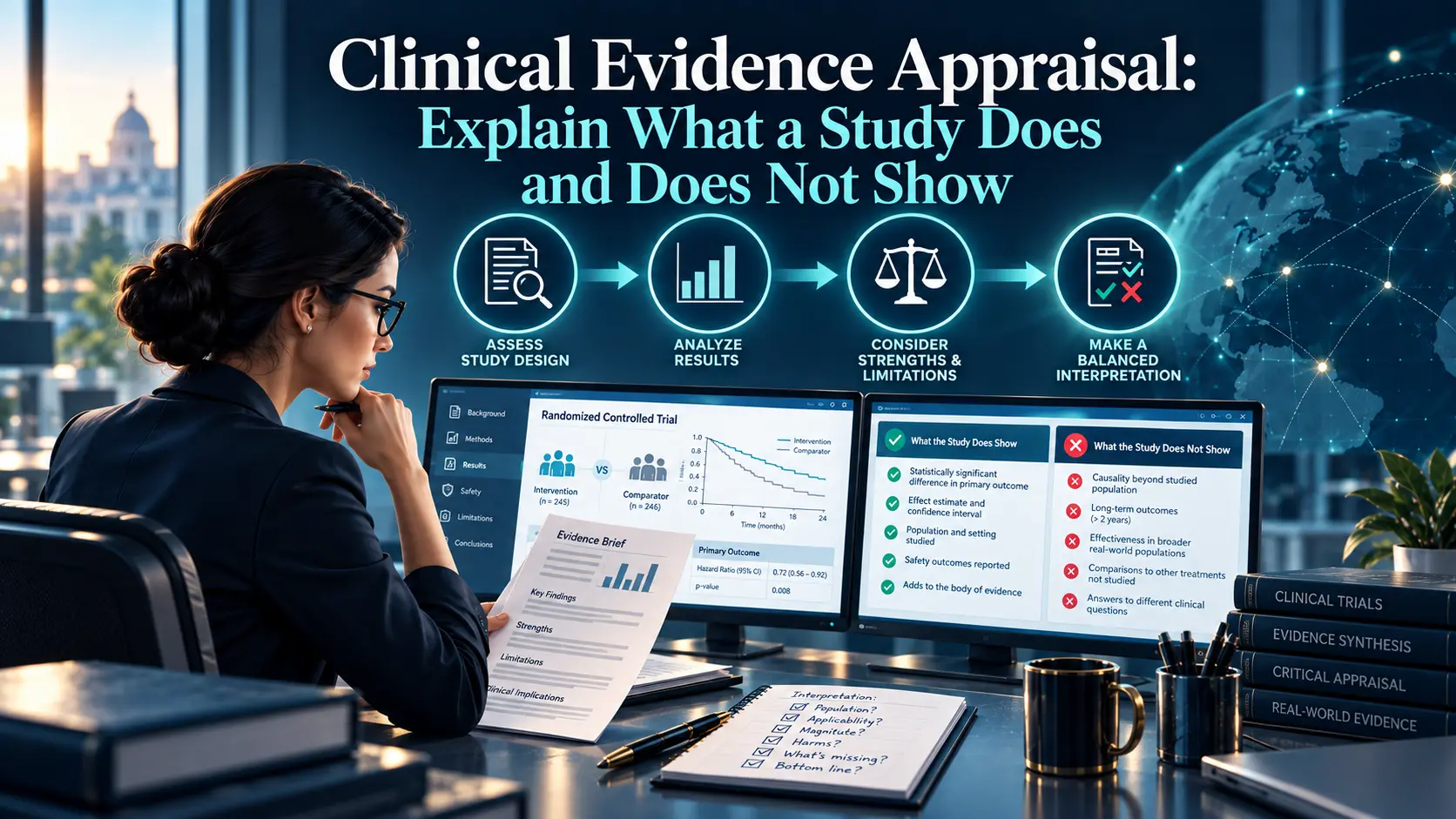Clinical evidence appraisal artwork: a reviewer at dual monitors comparing what a randomized study does and does not show, with an evidence brief on the desk, in BORAKA navy and teal.