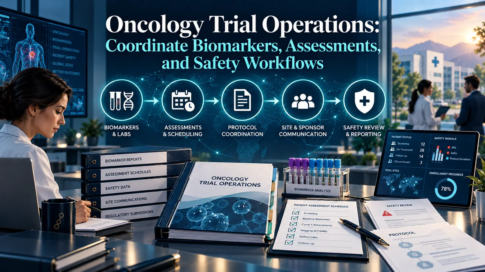 Oncology trial operations artwork: biomarker sample tubes, assessment schedules and a safety review dashboard for an oncology study, in BORAKA navy and teal.