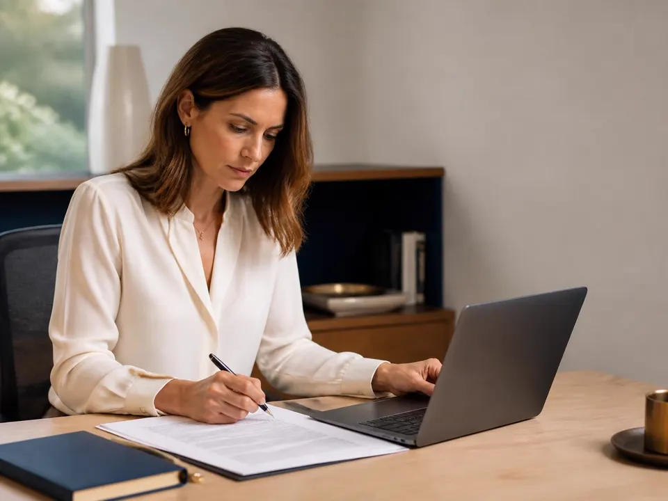 A clinical research professional annotating a printed study document while working at a laptop