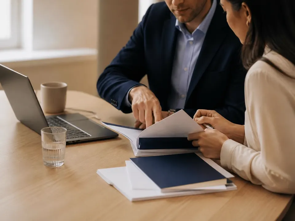 Two clinical research professionals reviewing a printed study document together beside a laptop