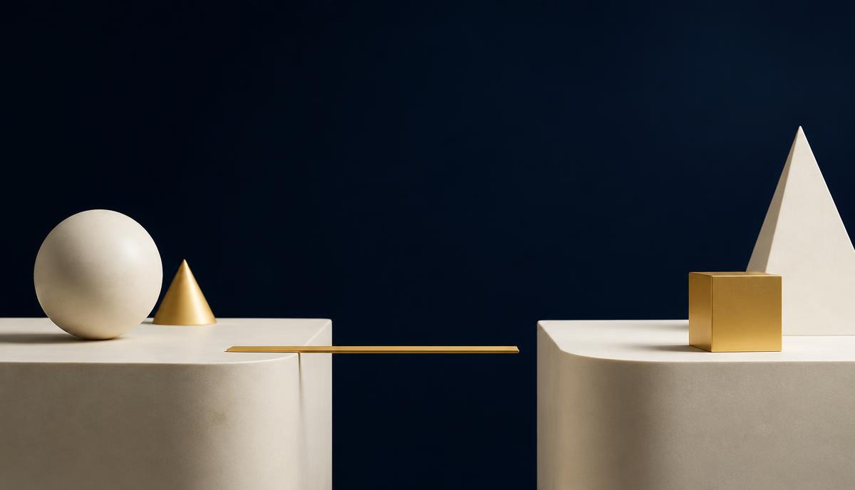 Two ivory platforms separated by a gap with a thin gold bridge reaching partway across