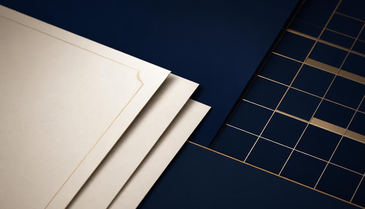 Layered ivory certificate cards meeting a structured gold scorecard lattice on midnight navy