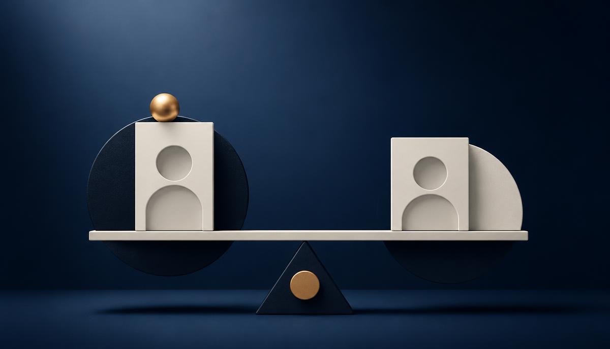 Two ivory candidate blocks weighed on a minimal balance with a single gold marker