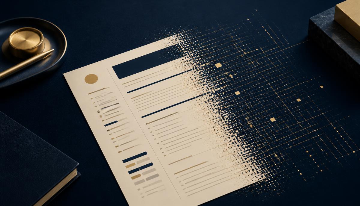 Ivory resume page dissolving into a fine gold data grid on a midnight navy surface