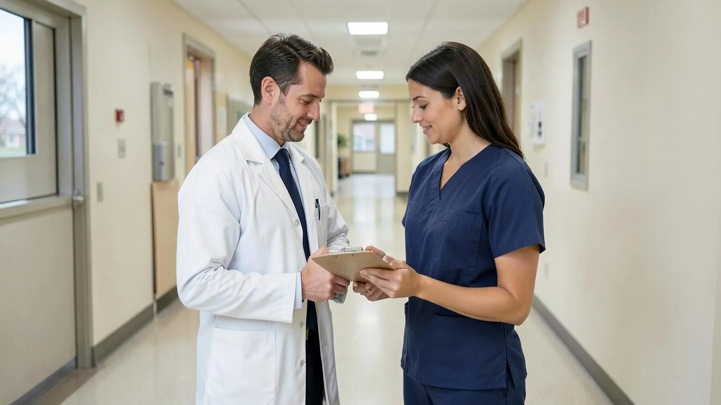 A physician and a study coordinator reviewing a participant chart in a hospital clinic corridor