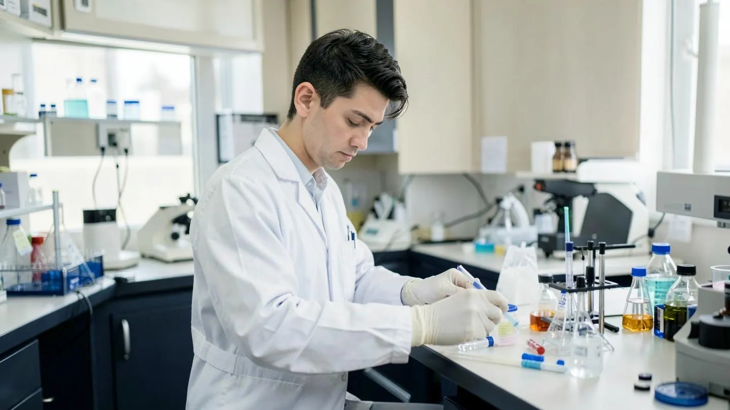 A scientist working at a laboratory bench in a small biotechnology laboratory