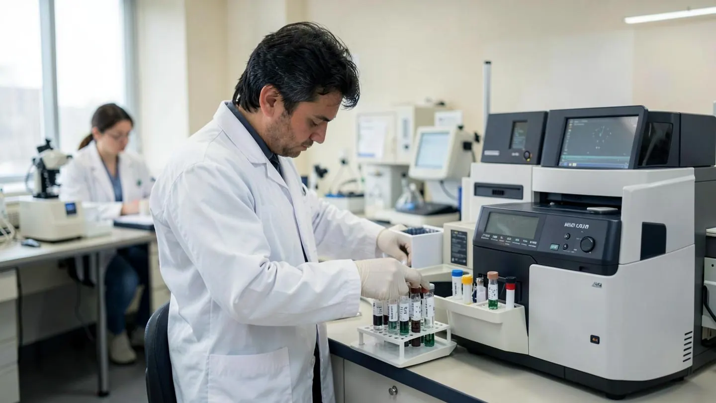 A laboratory technician processing sample tubes beside an automated analyzer in a central laboratory