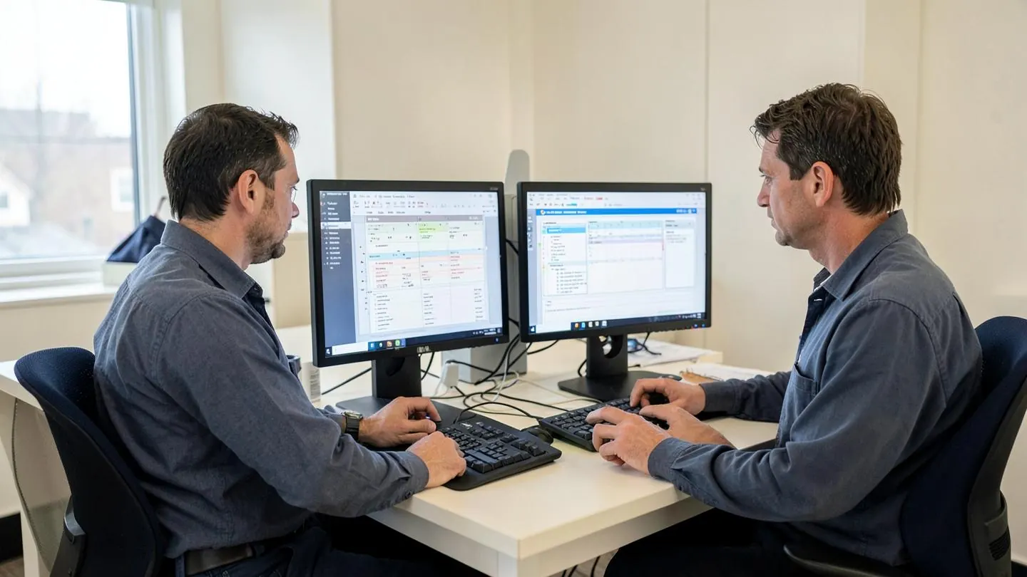 Two monitoring professionals reviewing study data across dual monitors in an open plan workspace