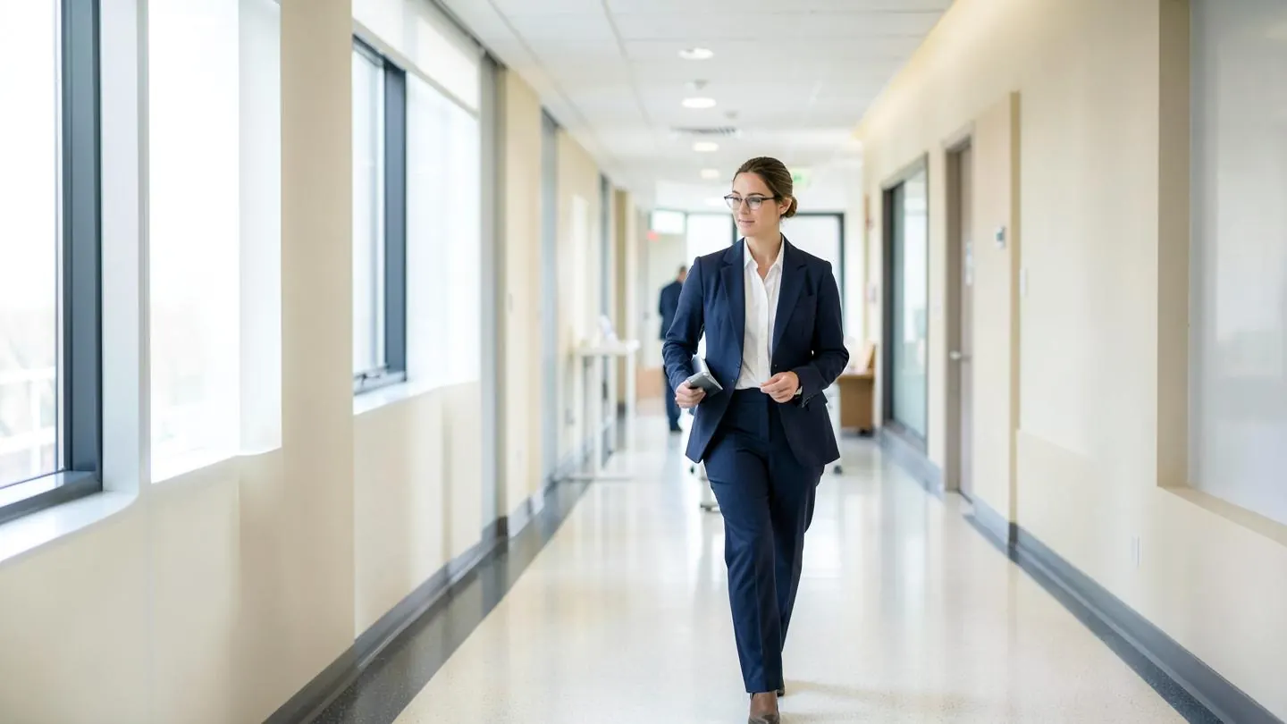A clinical research professional walking through a bright hospital research corridor with a tablet
