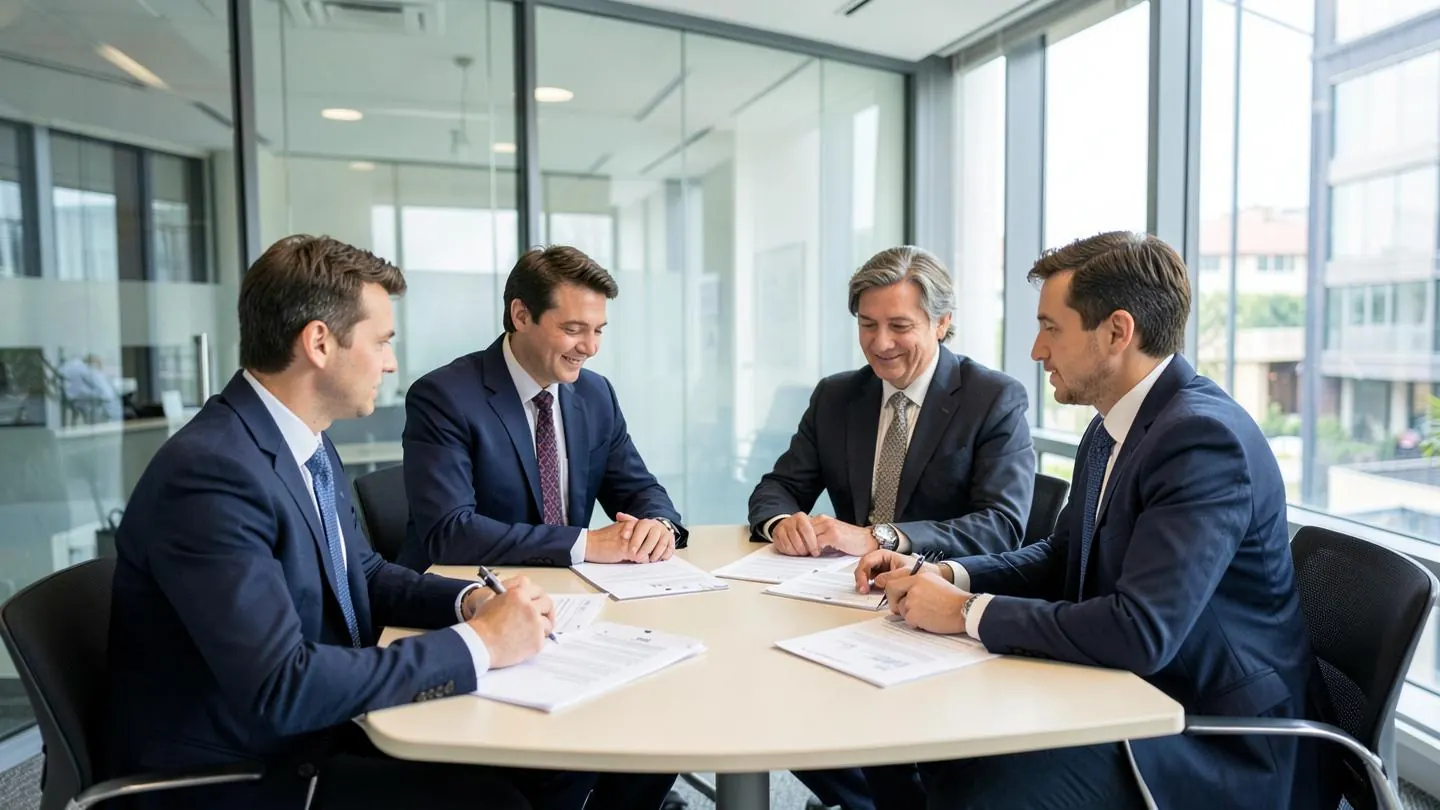 Four professionals reviewing printed study documents in a sponsor meeting room