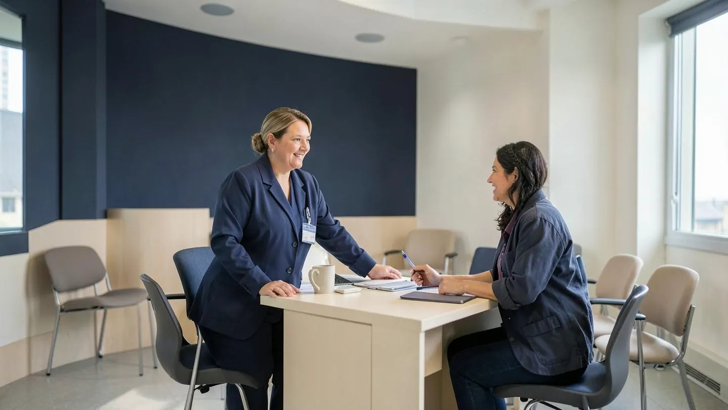 A study coordinator welcoming a participant at the reception desk of a dedicated research site